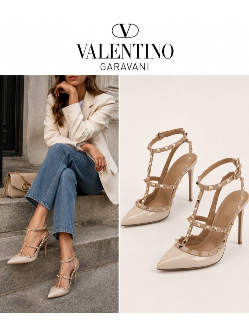 Valentino Garavani Rockstud Ivory Poudre Patent Leather Pumps Heels IT 36 US 6